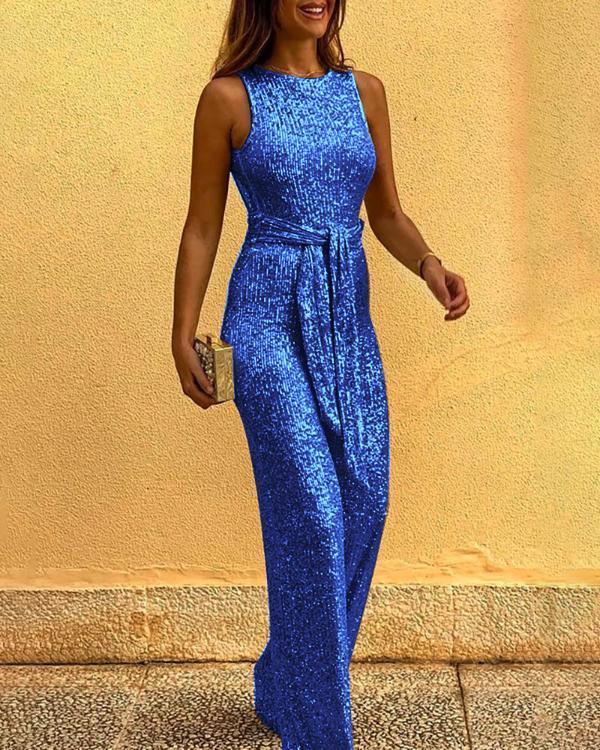 Glitter Round Neck Sleeveless Backless Sequins Jumpsuits