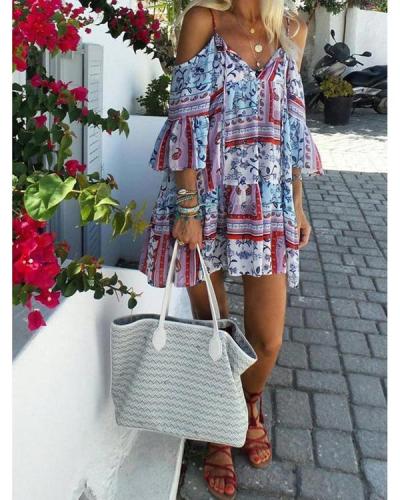 Summer Woman Off-the-shoulder Vintage Printed Lace Bow Dress