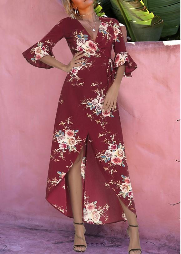 Bohemian Flower Print Side Slit Maxi Dress