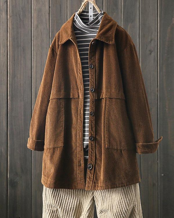 US$ 65.80 - Corduroy Lapel Long Sleeve Loose Jacket for Women - www ...