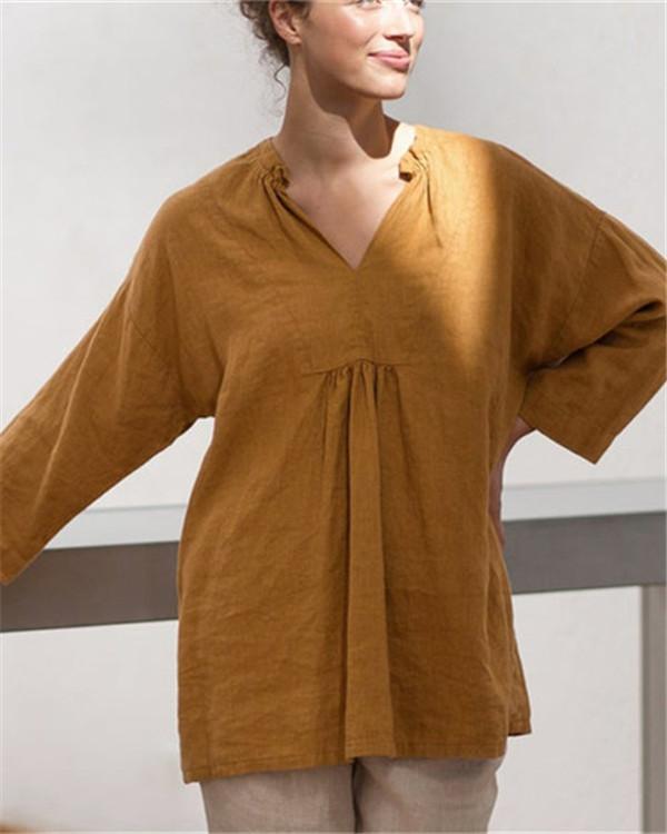 Vintage Linen Solid Long Sleeve Chic Blouse Shirt Dress