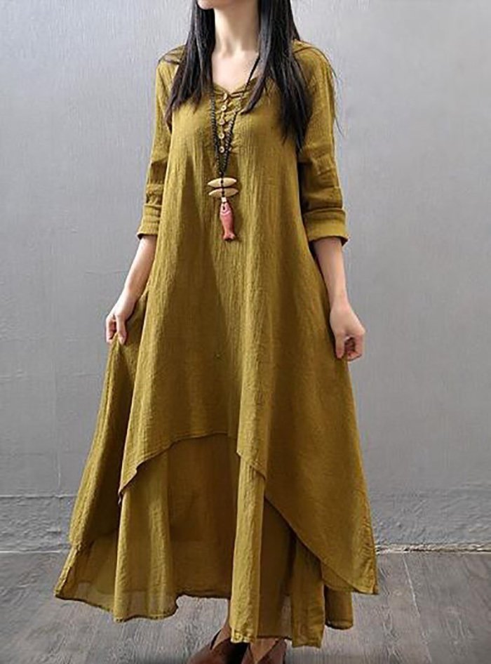 Vintage Women Long Sleeve V-Neck Irregular Maxi Dresses