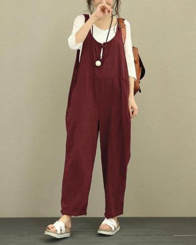 Vintage Pure Color Frog Button Loose Women Sleeveless Jumpsuits