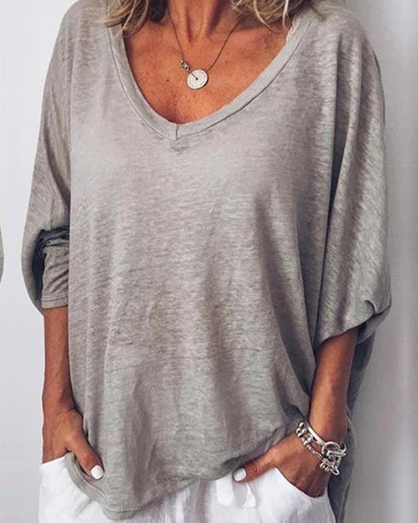 Casual Solid V Neck Long Batwing Sleeve Blouses Tops