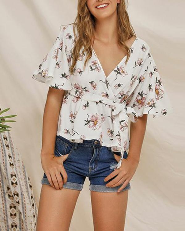 Women Bohemian V Neck Lace-Up Printed Blouse Tops