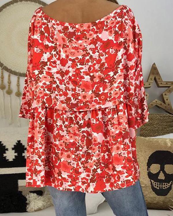 Women Plus Size Floral Printed 3/4 Sleeve Plus Size Blouses Tops