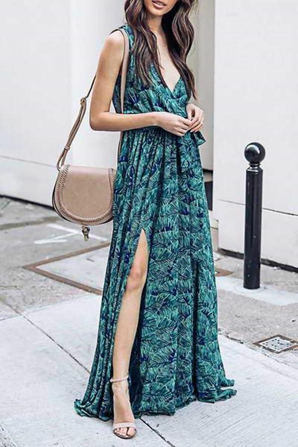 Women Summer  Green & Blue Leaf Maxi Dress
