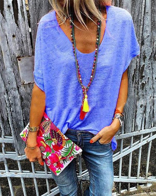 Casual Women Solid V Neck Loose Tops