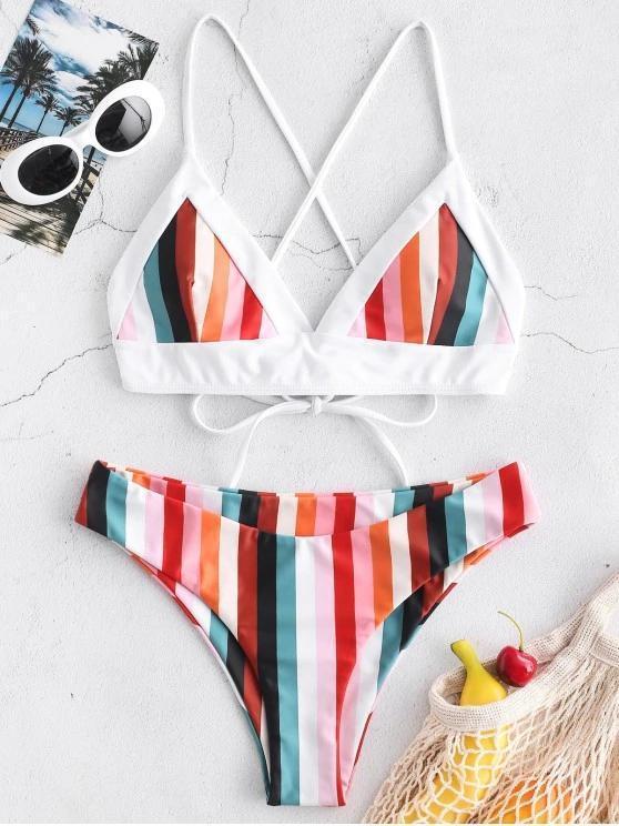 Colorful Striped Criss Cross Bikini Set