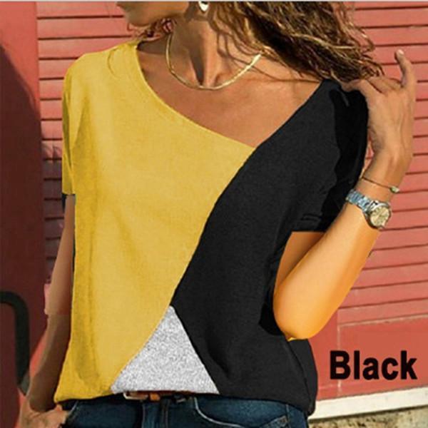 Women Casual Short Sleeve Patchwork V Neck T-Shirts Tops