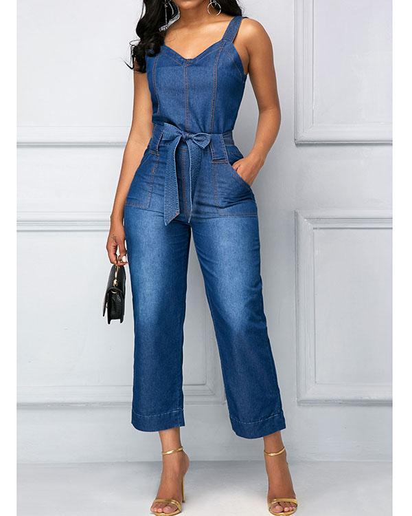 High Waist Open Back Pocket Denim Jumpsuit