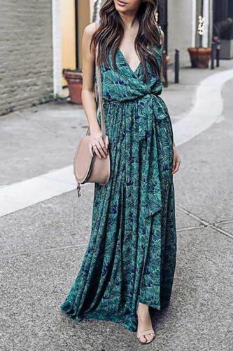 Women Summer  Green & Blue Leaf Maxi Dress