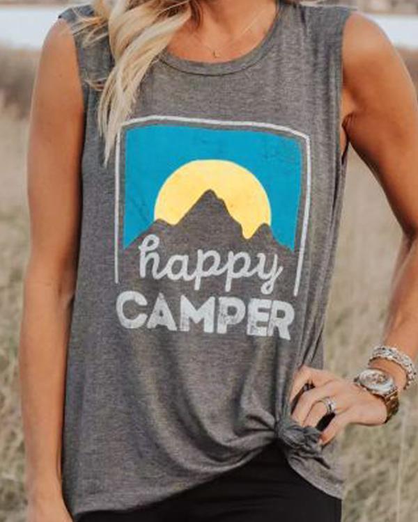 Happy Camper Letter Print O-Neck Tank Shirt