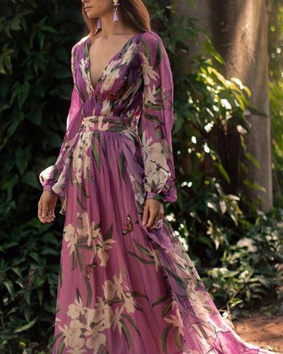 Women Sexy Floral Printed V-Neck Evening Party Dress
