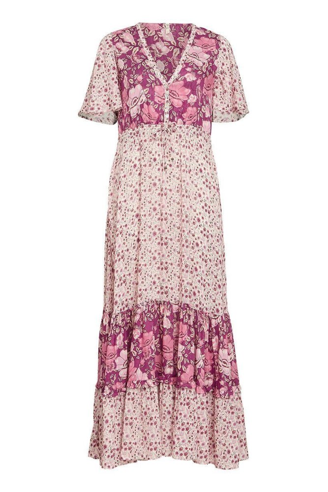 Floral Printed Short Sleeve V-neck Summer Maxi Dress