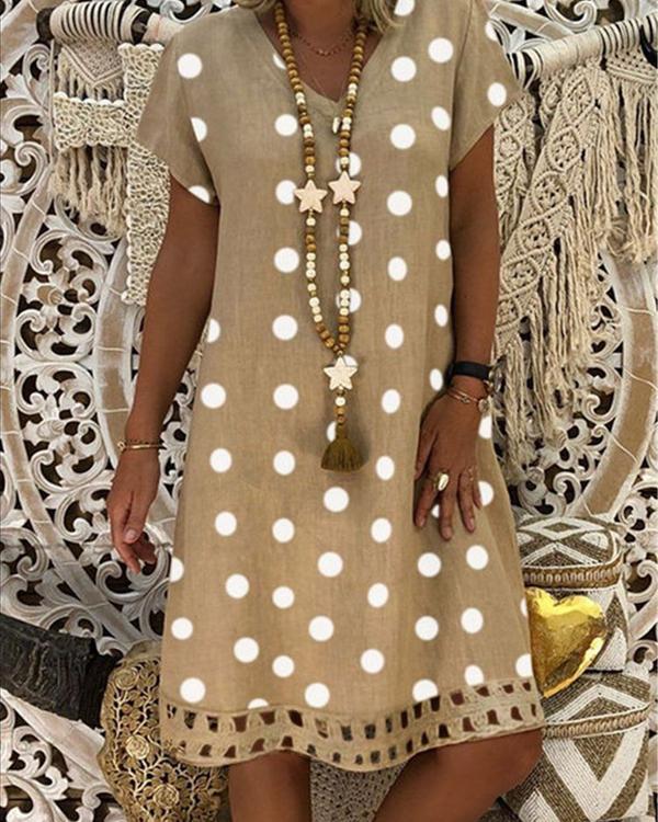 Women V-Neck Short Sleeve Hollow Polka Dot Summer Dress