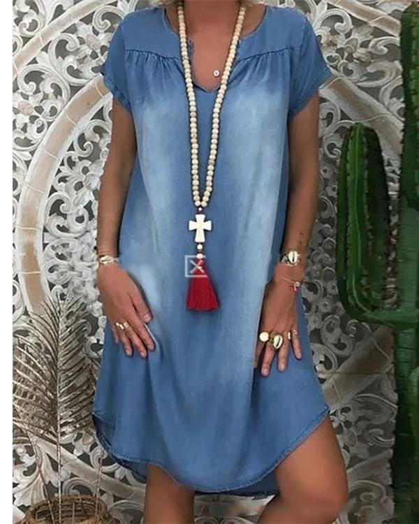 Vintage Casual Plus Size Blue V Neck Denim Dresses