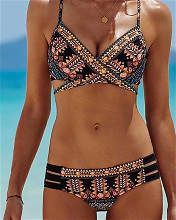 Women's Boho Geometric Print Strap Black Wrap Briefs Bikini Swimwear