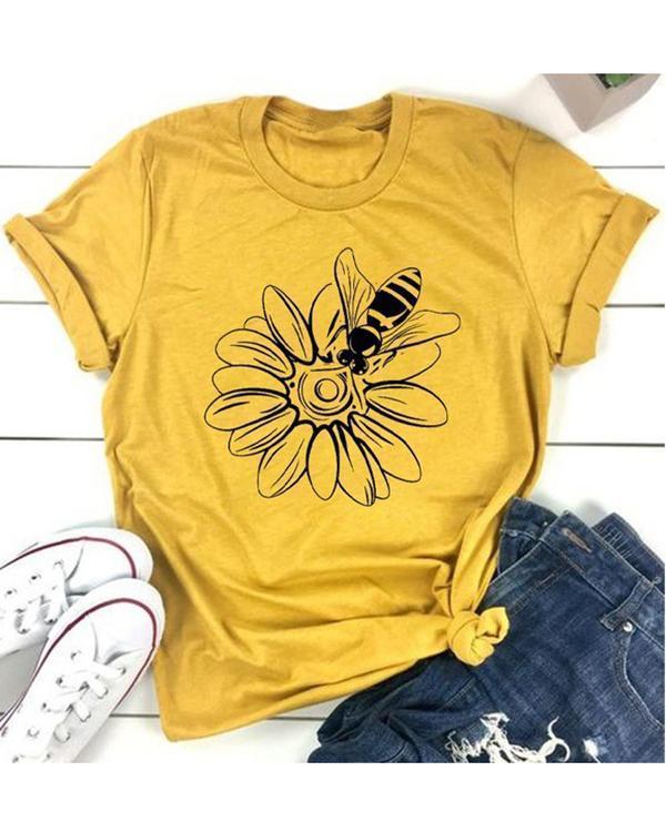 Sunflower Bee Printed Pattern Casual T-shirt