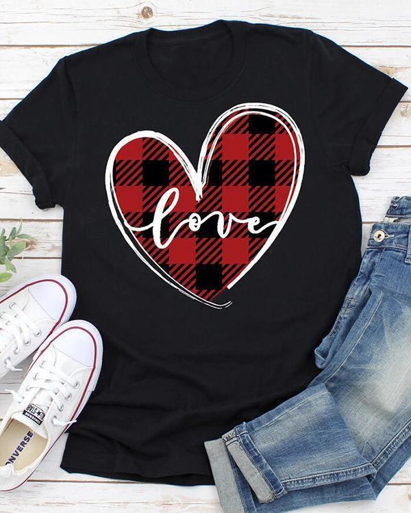 US$ 25.99 - Valentine Love Heart Plaid Printed Splicing T-Shirt Tee
