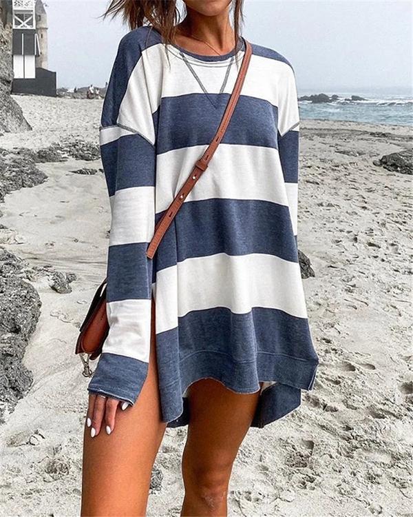 Printed Women Stripe Long Sleeves Side Split Long Shirts