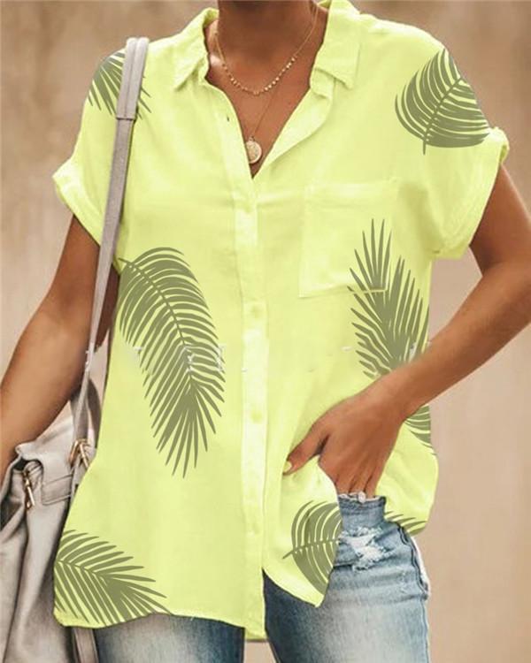 Short Sleeve  Leaves Printed Summer Women Holiday Blouse