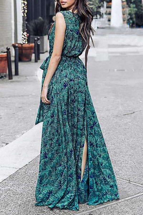 Women Summer  Green & Blue Leaf Maxi Dress