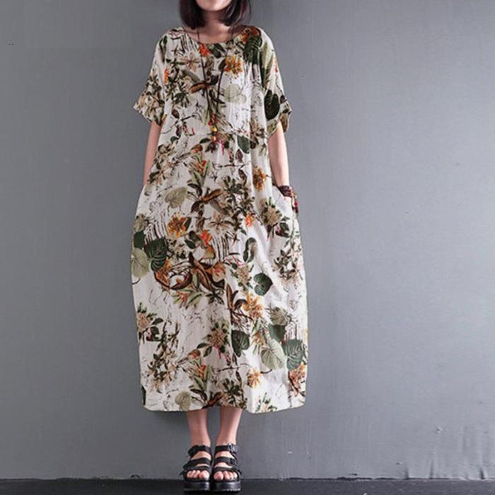 Women Casual Short Sleeve Floral Printed Loose Dress