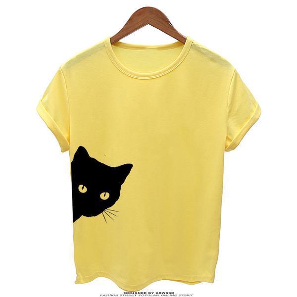 Women Casual Funny Print  Cat Looking Outside Plus Size T-shirts Tops