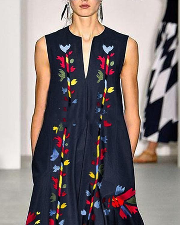 Fashion Floral Printed V-Neck Sleeveless Maxi Dress