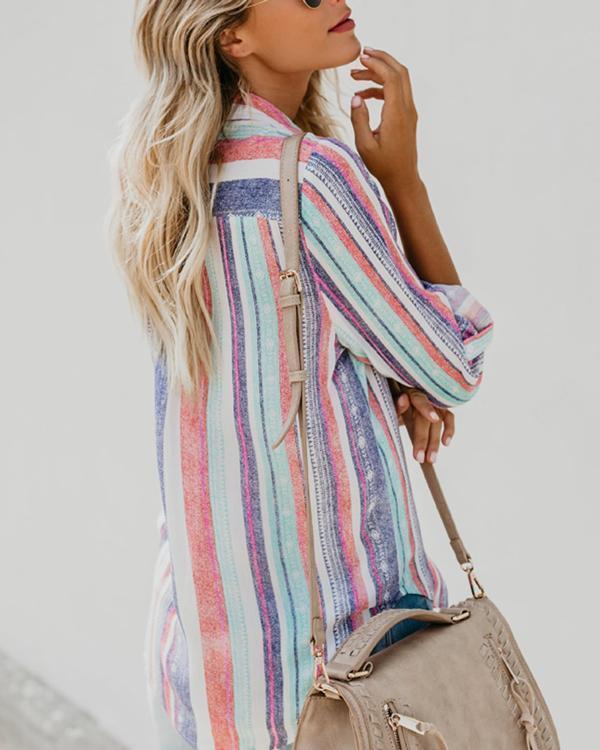 Women Casual Rainbow Striped Button Loose Blouse Tops