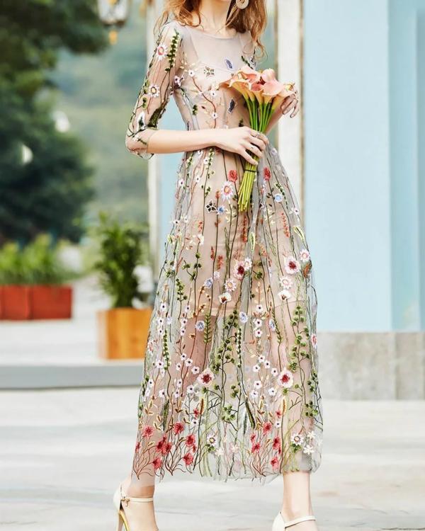 Apricot 3/4 Sleeve Vintage Embroidered Maxi Dress