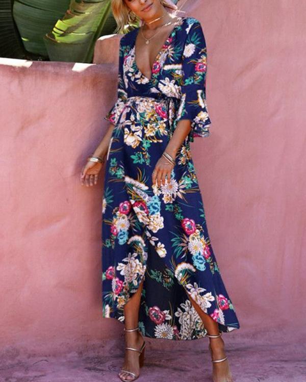 Women's Daily Floral Printed V Neck Chic Maxi Dress