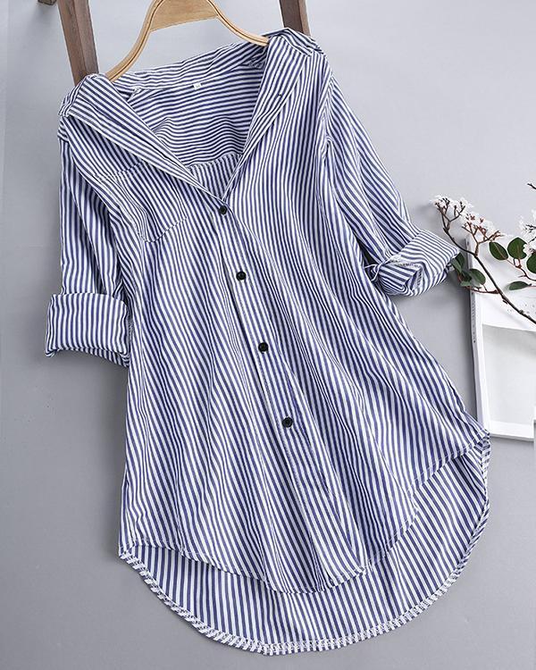 Chic Stripe Long Sleeve Turn-down Collar Loose Shirts