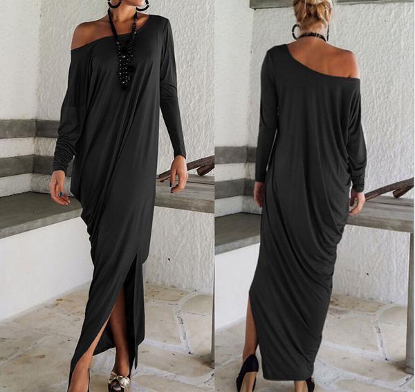 Women Casual Solid Batwing One Shoulder Long Sleeve Maxi Dress