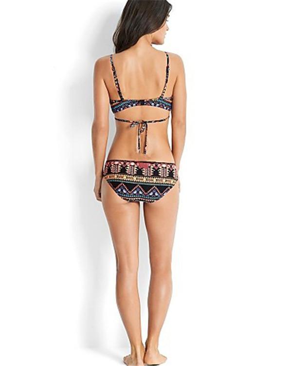 Women's Boho Geometric Print Strap Black Wrap Briefs Bikini Swimwear