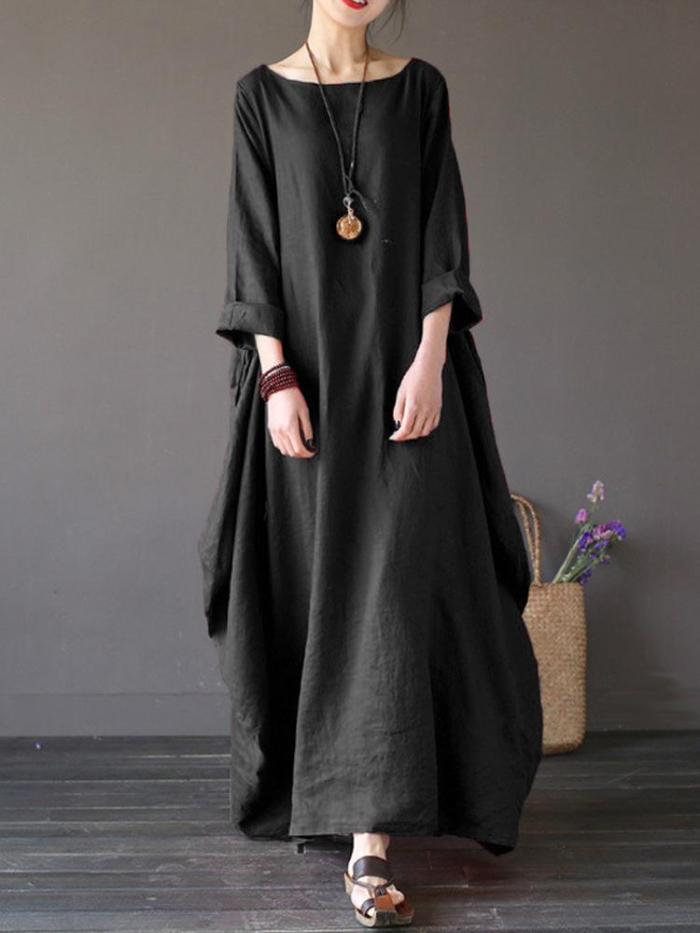 Vintage Solid 3/4 Sleeve Loose Maxi Women‘s Dress