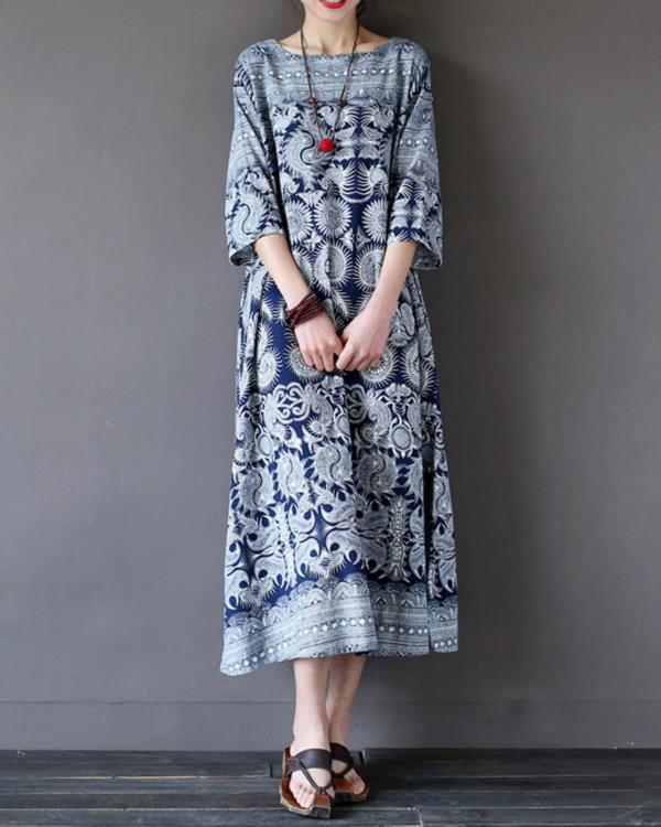 Vintage Printed Half Sleeve Crew Neck Plus Size Maxi Dress