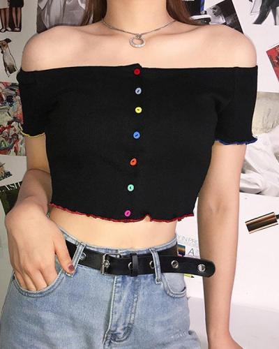 Women's Color Button Off-Shoulder Navel Top