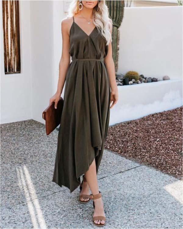 Casual Sleeveless V-Neck Solid Color Maxi Dresses
