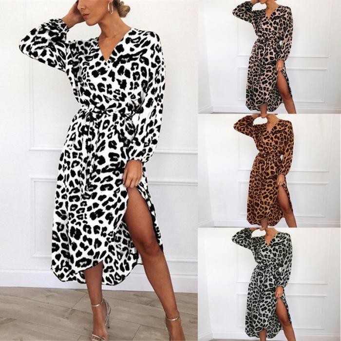 Women Vintage Leopard Print  Long Sleeve V Neck Bandage Dress
