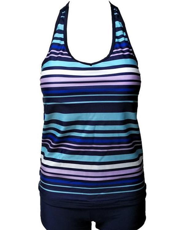 Women's Plus Size Sporty Halter Neck Striped Print Tankini Swimwear