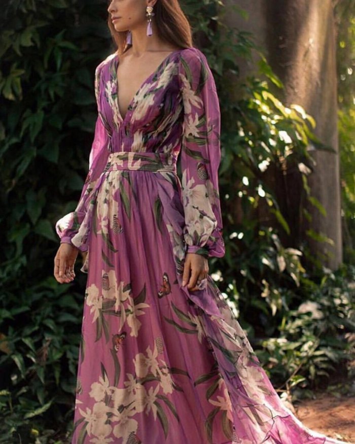 Women Sexy Floral Printed V-Neck Evening Party Dress