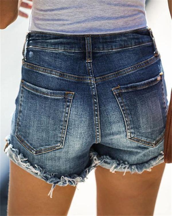 High Waist Vntage Slub Ripped Curled Denim Shorts Pants