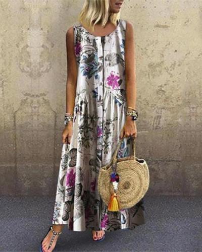 Floral Round Neckline Sleeveless Maxi A-line Dress