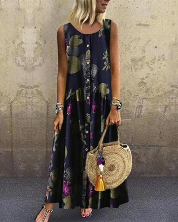 Floral Round Neckline Sleeveless Maxi A-line Dress