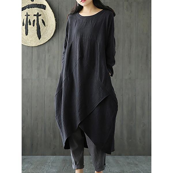 Woman Plus Size Linen-Cotton Dress Vintage Long Sleeve Maxi Dress