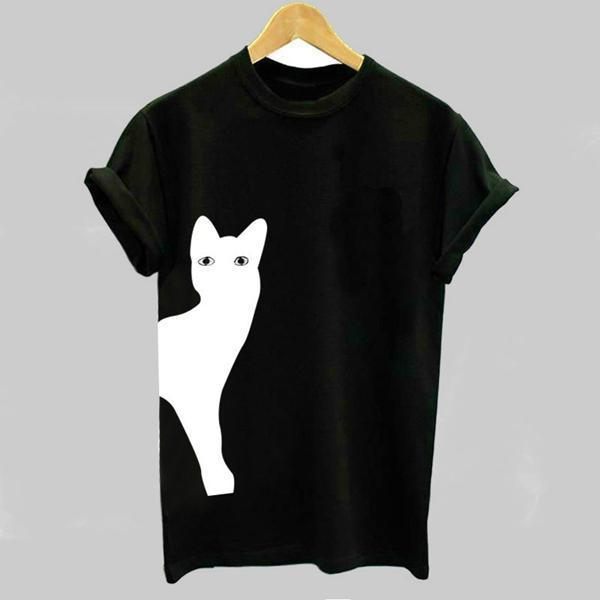 Women Casual Cat Printed Short Sleeve Crew Neck Plus Size Shirt Tops