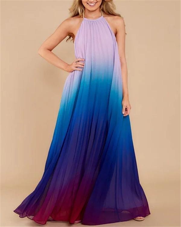 Women Ombre Chiffon Gradient Halter Sleeveless Evening Maxi Dress