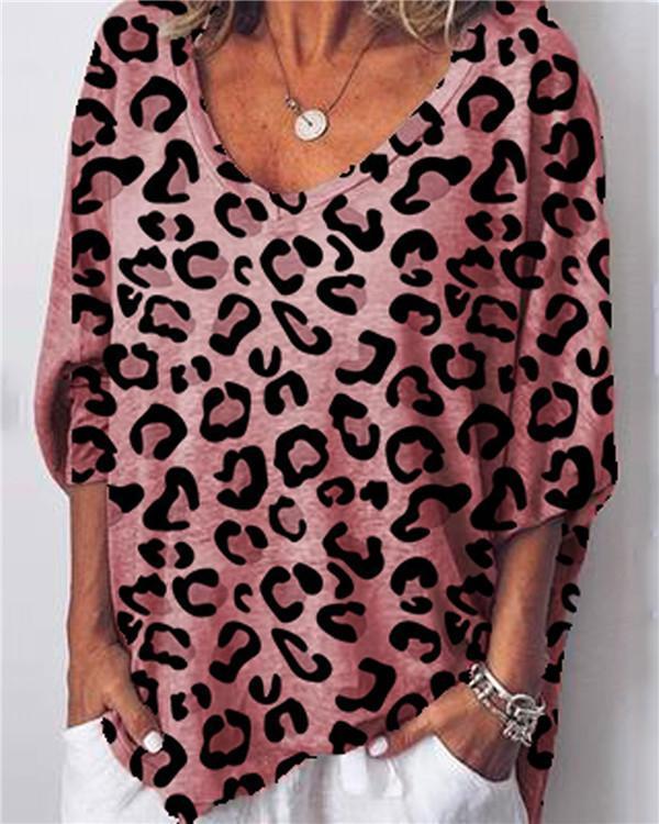 Women Leopard Printed Casual V Neck Loose Tops